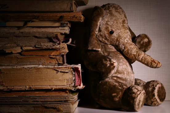 elefante de pelúcia encostado em livros