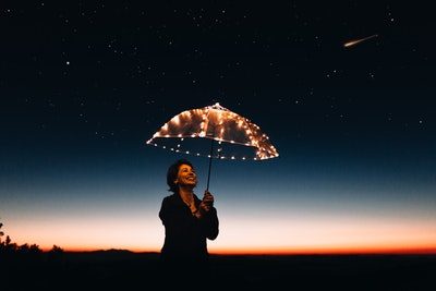 mulher com guarda chuva sorrindo com otimismo